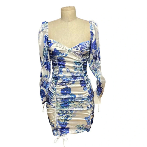For Love & Lemons Hyacinth Drawstring Ruched Mini Dress Blue White Size XS - Picture 2 of 12